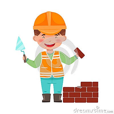 Little Boy Builder Wearing Hard Hat Doing Mason Work Vector Illustration Vector Illustration