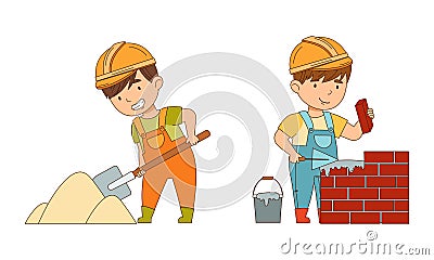 Little Boy Builder Wearing Hard Hat and Overall Digging with Shovel and Laying Bricks Vector Set Vector Illustration