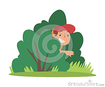 Little Boy in Cap Playing Hide and Seek Concealing Behind Green Bush Vector Illustration Vector Illustration