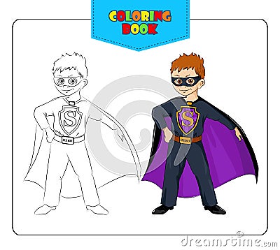 Little boy in carnival costume Superhero. Coloring book Vector Illustration