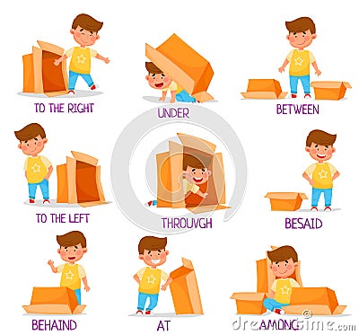 Little Boy and Carton Box as Prepositions of Place Demonstration Vector Set Vector Illustration