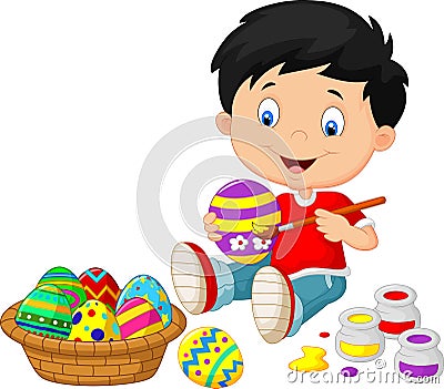 Little boy cartoon painting an Easter egg Vector Illustration
