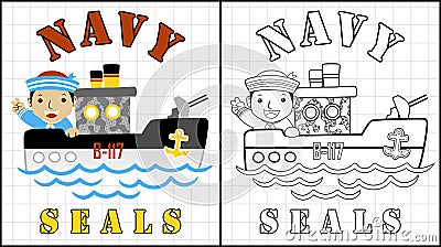 Little boy cartoon wearing navy uniform on gunboat Vector Illustration