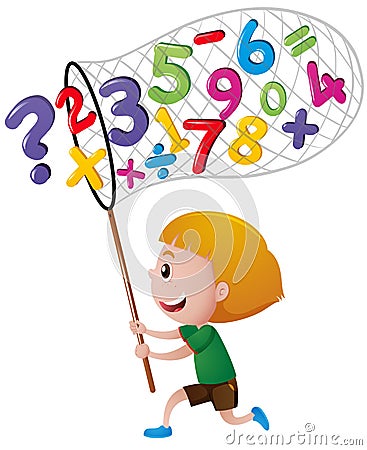 Little boy catching numbers with net Vector Illustration