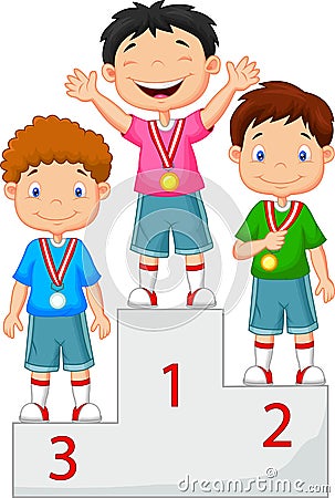 Little boy celebrates his golden medal on podium Vector Illustration