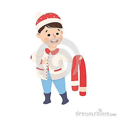Little Boy Changing His Clothes Buttoning Coat Vector Illustration Vector Illustration