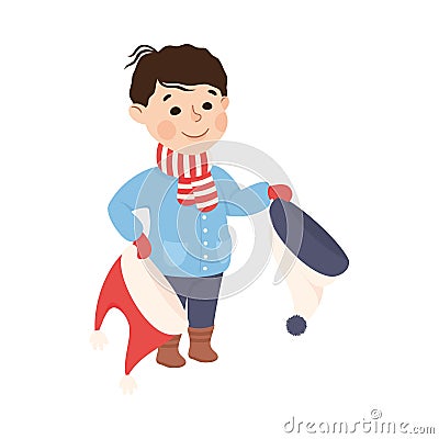 Little Boy Changing His Clothes Putting on Warm Hat Vector Illustration Vector Illustration