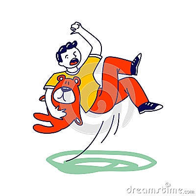 Little Boy Character with Bear Toy in Hand Slipping and Falling on Puddle, Wet Floor or Fall From Stairs Vector Illustration