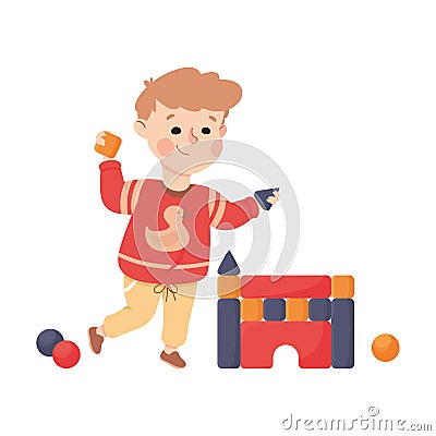 Little Boy Character Building Castle with Toy Blocks Vector Illustration Vector Illustration