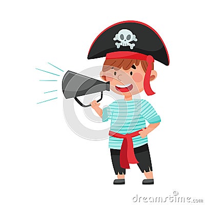 Little Boy Character Dressed in Pirate Costume Talking Megaphone or Loudspeaker Vector Illustration Vector Illustration