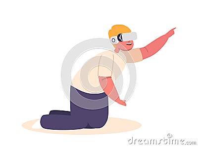 Little Boy Character Wearing Vr Glasses, Child In Goggles Engrossed In Virtual World Experience With Gaming Vector Illustration
