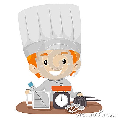 Little Boy Chef with Measuring tools Vector Illustration