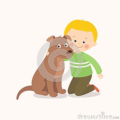 Little boy, child, kid with a brown dog friend, companion. Vector Illustration