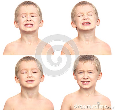 Little Boy Child making sore crying Faces Stock Photo