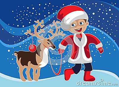 Little boy in Christmas costume with a deer Stock Photo