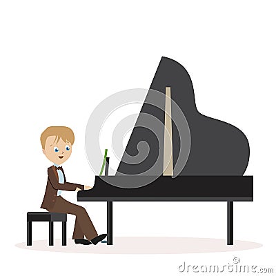 Little boy in a classic suit playing piano. Flat character isolated on white background. Vector, illustration EPS10. Vector Illustration