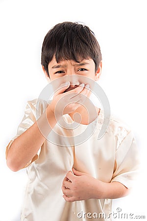 Little boy close his nose with face unhappy Stock Photo