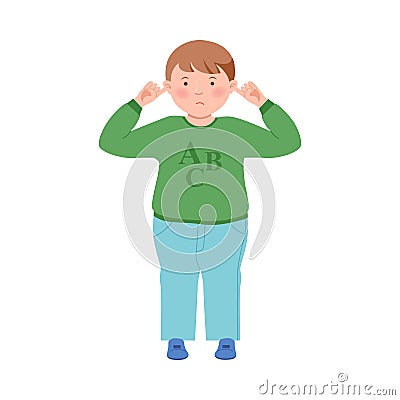 Little Boy Closing His Ears for Stopping Hearing Something Vector Illustration Vector Illustration