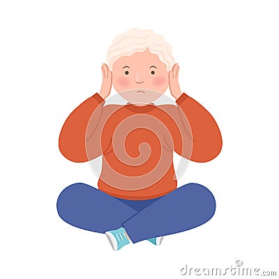 Little Boy Closing His Ears for Stopping Hearing Something Vector Illustration Vector Illustration