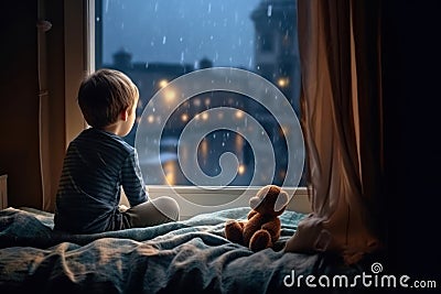 Little Boy Contemplating Rainy Cityscape with Teddy Bear. Generative AI Stock Photo