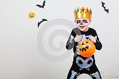 Little boy in costume skeletons. Stock Photo