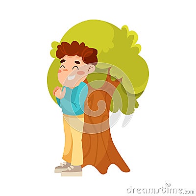 Little Boy Counting Standing Near Tree Playing Hide and Seek Game and Having Fun Vector Illustration Vector Illustration