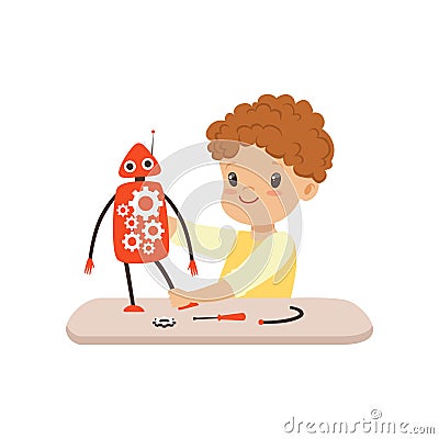 Little boy creating smart robot, robotics and programming for kids, educational project concept vector Illustration on a Vector Illustration