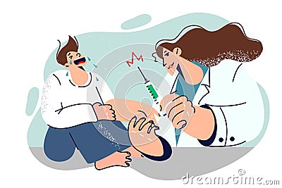Little boy cries waiting for vaccination, sitting near kind woman doctor with syringe in hands Vector Illustration