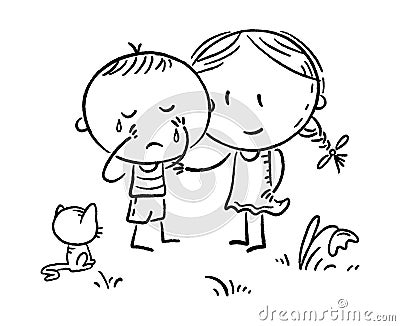 A little boy crying and a girl comforting him, outline Vector Illustration