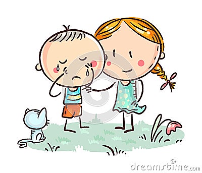 A little boy crying and a girl comforting him Vector Illustration