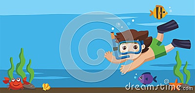 A Little boy diving with fish under the ocean. Vector Illustration