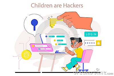 Little boy do programming. Computer science and ethical hacking Vector Illustration