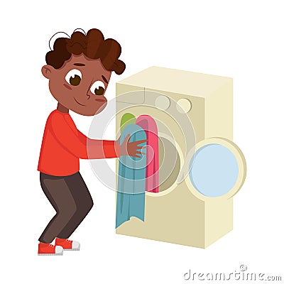 Little Boy Doing Laundry in Washing Machine Vector Illustration Vector Illustration