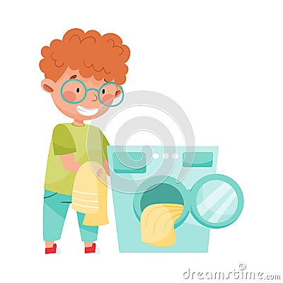 Little Boy Doing Laundry in Washing Machine Vector Illustration Vector Illustration