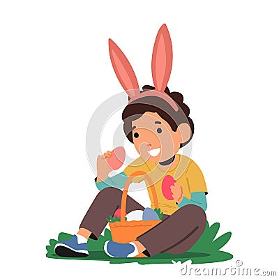 Little Boy Donning Rabbit Ears Picks Brightly Colored Easter Eggs From The Grass. The Joyous And Festive Image Vector Illustration