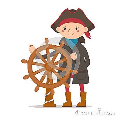 Little boy dressed as sailor, pirate captain holding ship wheel Vector Illustration