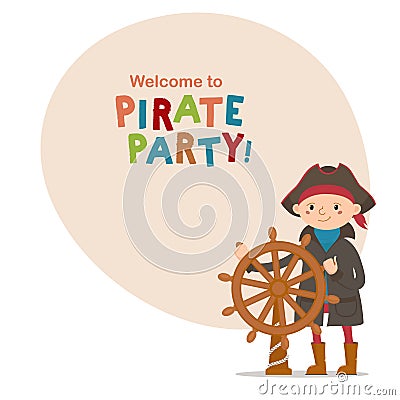 Little boy dressed as sailor, pirate captain holding ship wheel Vector Illustration
