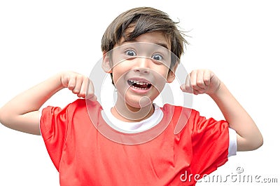 Little boy is dressed up as a superhero flying Stock Photo