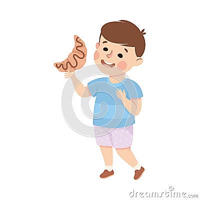 Little Boy Eating Sweet Croissant with Happy Face Enjoying Sugary Treat Vector Illustration Vector Illustration