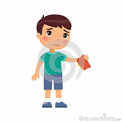 Little boy with empty wallet in hand flat vector illustration. Vector Illustration