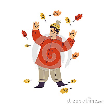Little Boy in Fall Season with Leaf Around Him Enjoy Outdoor Activity Vector Illustration Vector Illustration
