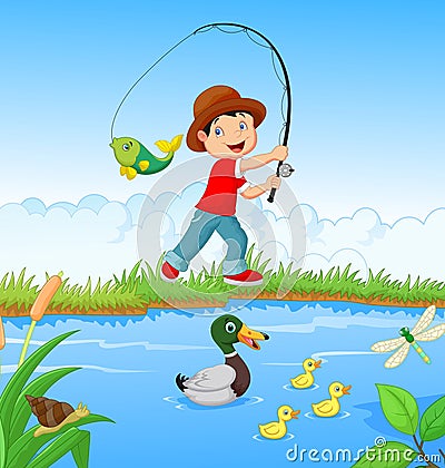 Little boy fishing Vector Illustration