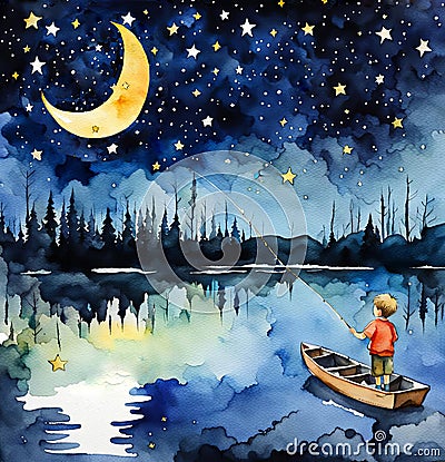 Little Boy Fishing In Rowboat Stock Photo