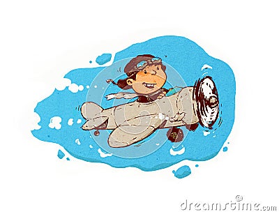 A little boy is flying in the air among the clouds. Painted image in cartoon style. Illustration isolated on white background, Stock Photo