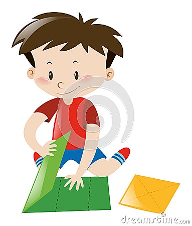 Little boy folding green paper Vector Illustration