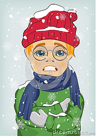 Little boy freezing in winter cold wearing woolen hat and jacket with scarf Vector Illustration