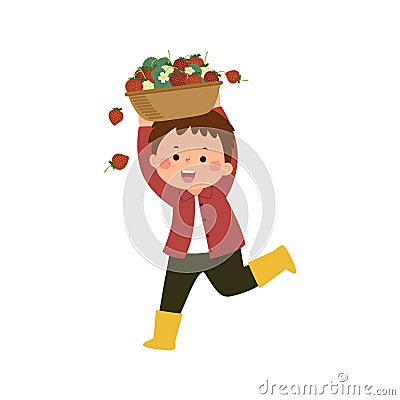 Little boy gardener carrying basket full of ripe strawberries Vector Illustration