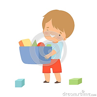 Little Boy Gathering His Toys and Tidy Up His Room Vector Illustration Vector Illustration