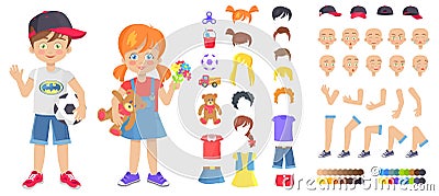 Little Boy and Girl with Childish Toys Constructor Vector Illustration