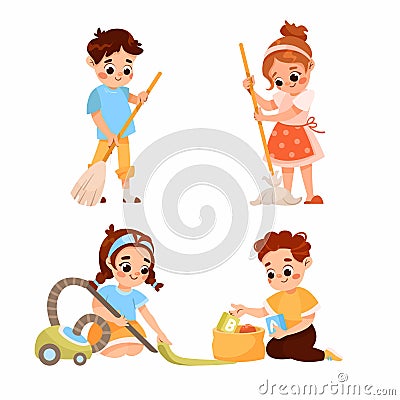 Little Boy and Girl Cleaning Sweeping, Vacuum Cleaning, Mopping the Floor and Gathering Toys Vector Set Vector Illustration